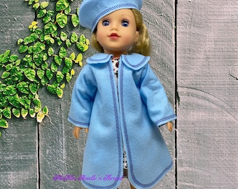 Sky Blue Felt Coat & Beret Set with Navy Stitching for 18" Doll