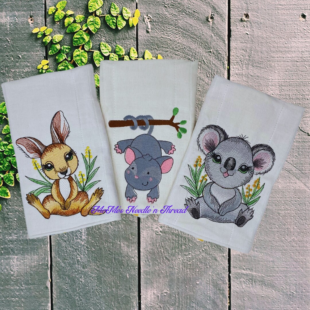 Australian Animal Baby Burp Cloths, Kangaroo, Koala Bear, Sugar Glider