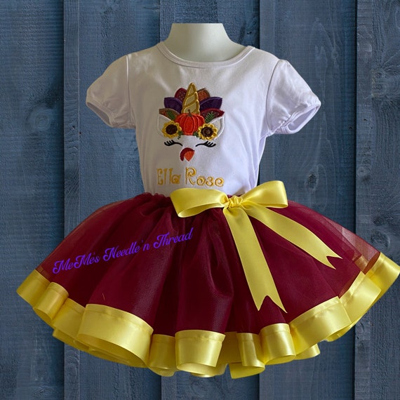 Turkey Unicorn Face Embroidered Fall T-Shirt with Burgundy and Gold Tutu outfit featuring Golden Horn, Orange Pumpkins, Sunflowers