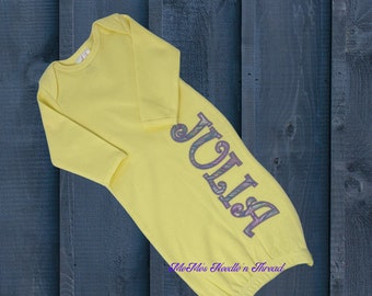 Yellow Baby Gown, Appliqued Personalization, Baby Shower, Baby Gift, Going Home Outfit, Newborn, Newborn Gift, New Baby Gift