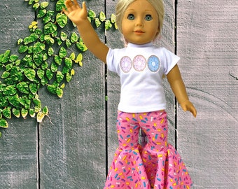 Pink Sprinkle Doll Bell Bottom Pants and Donut Doll Shirt, Mermaid Bell Bottoms, 18&quot; Doll Clothes, Doll Outfit, Elephant Bells