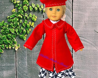 Red Felt Coat and Beret with Decorative Stitching for 18" doll; 2 Piece Set