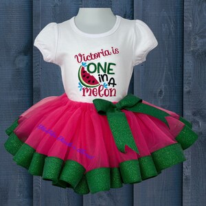 One in a Melon Embroidered Girl&#39;s Shirt and Tutu Outfit, Watermelon, 1st Birthday, Pink Tutu, Personalized