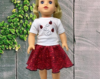 Red Speckle Circle Skirt and Ladybug Embroidered Shirt; 18" Doll