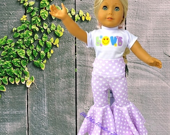 Lavender with White Hearts Doll Bell Bottom Pants and LOVE Doll Shirt, Mermaid Bell Bottoms, 18" Doll Clothes, Doll Outfit, Elephant Bells