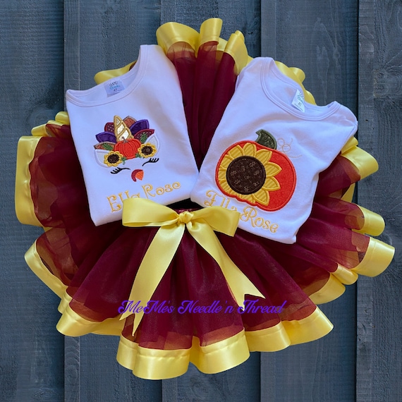 Pumpkin/Sunflower and Turkey Unicorn Face Embroidered Fall T-Shirts with Burgundy and Gold Tutu Set, Personalized