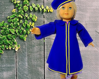 Royal Blue Coat and Beret with Yellow Rick Rack Trim for 18" Doll; 2 Piece Set