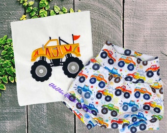 Monster Truck Bummies Outfit, Baby Shorts, Toddler Shorts, Diaper Cover, Baby Gift, Boy, Girl, Unisex, Bloomers, Shirt