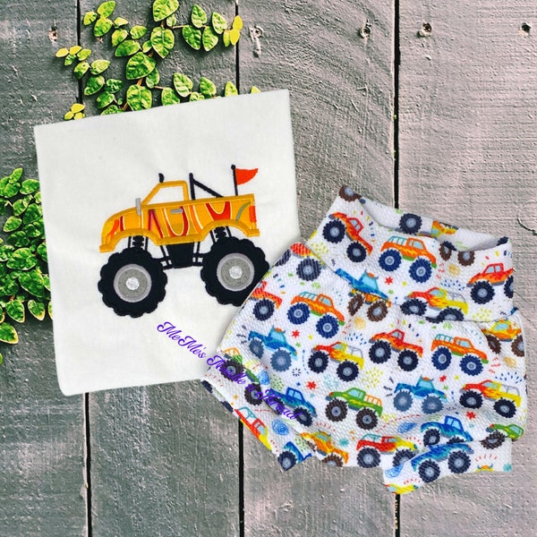 Monster Truck Bummies Outfit, Baby Shorts, Toddler Shorts, Diaper Cover, Baby Gift, Boy, Girl, Unisex, Bloomers, Shirt