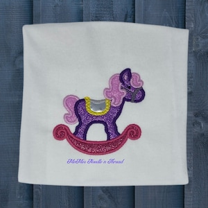 Purple with Pink Mane Rocking Horse Machine Embroidered Girls T-Shirt Outfit, Can Be Personalized, Birthday Gift, Welcome Home Baby Gift