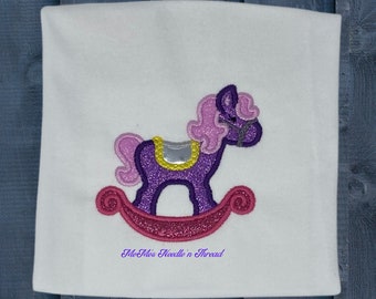 Purple with Pink Mane Rocking Horse Machine Embroidered Girls T-Shirt Outfit, Can Be Personalized, Birthday Gift, Welcome Home Baby Gift