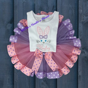 Bunny Face Embroidered Girls T Shirt with Pink and Lavender Tutu, Lace Ears and Bow, Can Be Personalized, Easter Outfit, Birthday Set, Tutu