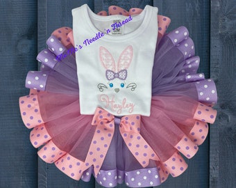 Bunny Face Embroidered Girls T Shirt with Pink and Lavender Tutu, Lace Ears and Bow, Can Be Personalized, Easter Outfit, Birthday Set, Tutu
