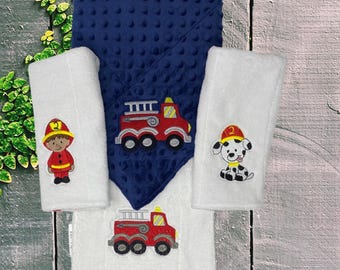 Firefighter Baby Gift Set; Set of 3 Burp cloths and Blanket; Firetruck, Fireman, Dalmatian Dog