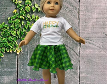 Happy St, Patrick's Day Shirt and Plaid Green Skirt Outfit for 18" Doll