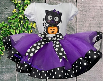 Black Cat Halloween Embroidered T-Shirt and Purple Tutu Outfit, Polka Dot Ribbon, Glow In The Dark Eyes, Pumpkin, Personalized, Cat Lover