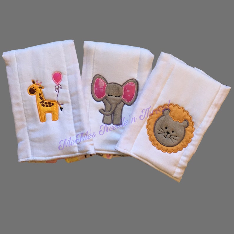 Jungle Embroidered Burp Cloths, Elephant, Giraffe, Lion, Baby Accessory, Baby Shower Gift, Unisex, Safari, Zoo, Can Be Personalized image 1