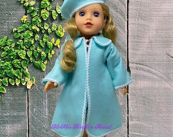 Aqua Felt Coat & Beret Set with white rick rack for 18" Doll