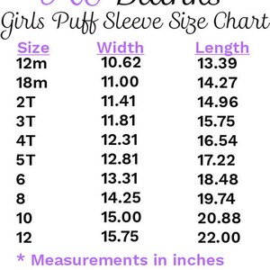 May include: Size chart for girls' puff sleeve shirts, showing width and length measurements in inches for sizes 12m to 12.