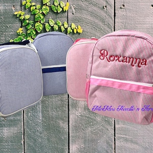 Toddler Backpack and Lunch Box; Pink Seersucker, Blue Seersucker, Boy, Girl, Can Be Personalized