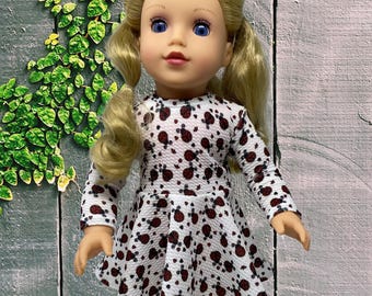 Handmade Ladybug Print 18" Doll Dress featuring a circle skirt and long sleeves