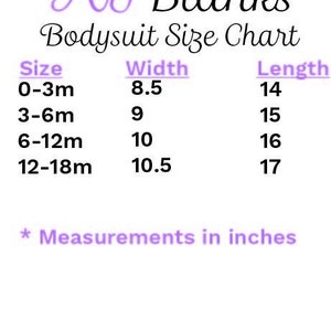May include: A chart showing bodysuit sizes for babies, with measurements in inches. The chart lists sizes from 0-3 months to 12-18 months, with corresponding width and length measurements.