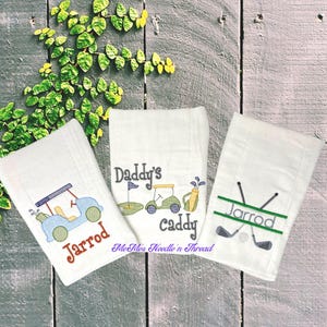 Golf Burp Cloths, Daddy's Caddy, Golf Cart, Golf Clubs, Baby Accessory, Baby Shower Gift, Spit Cloth