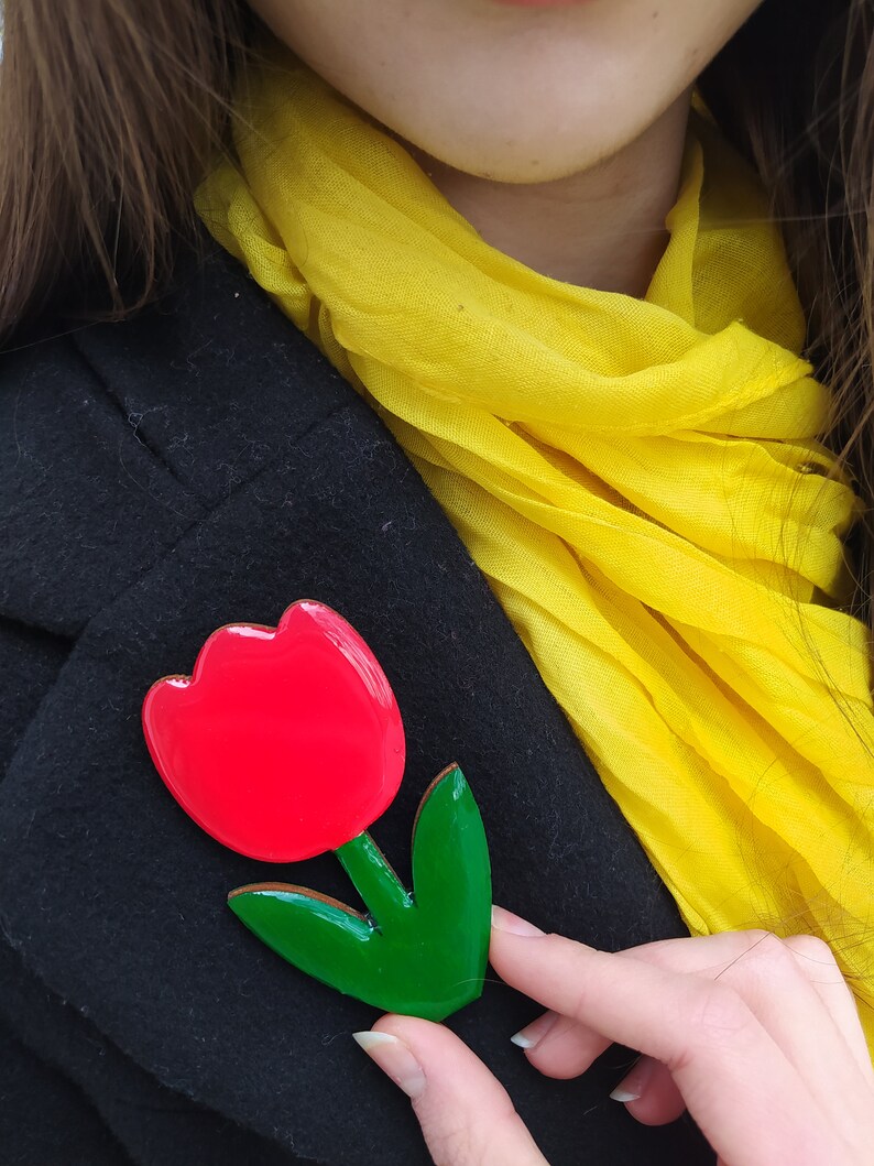 red jewellery tulip jewelry gifts unique colored floral gifts for mom wooden spring jewelry Red tulip flower brooch and red heart brooch