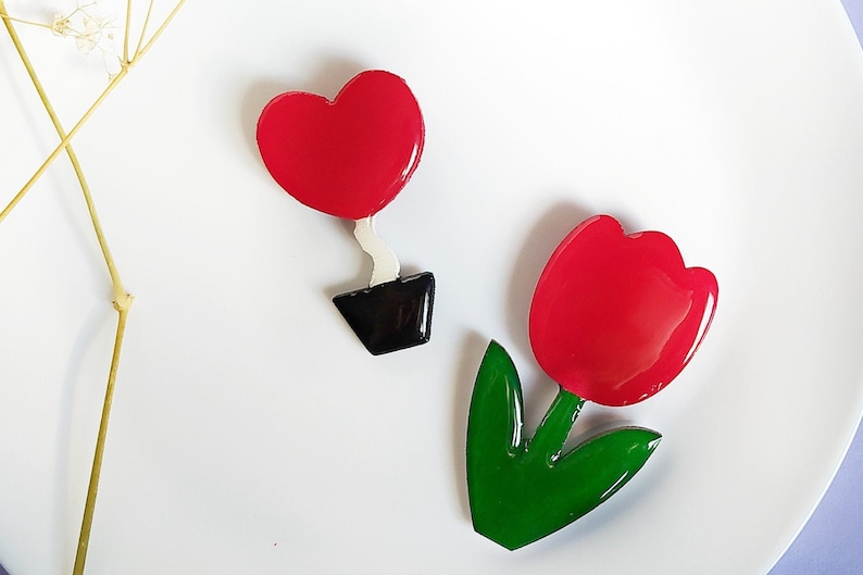 red jewellery tulip jewelry gifts unique colored floral gifts for mom wooden spring jewelry Red tulip flower brooch and red heart brooch