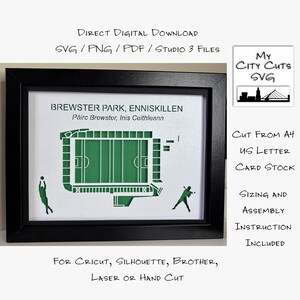 May include: A framed print featuring a green and white schematic of Brewster Park in Enniskillen. The print includes the text "Brewster Park, Enniskillen" and is cut from A4 US Letter card stock. The image also includes the text "My City Cuts SVG".
