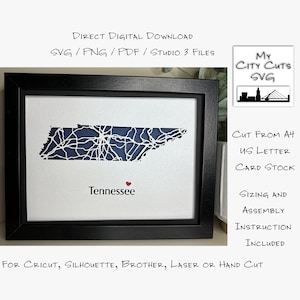 Papier gesneden Shadow Box 3D lightbox SVG PNG Tennessee staat kaart Cricut silhouet handgesneden laser gelaagde kaart gesneden bestanden