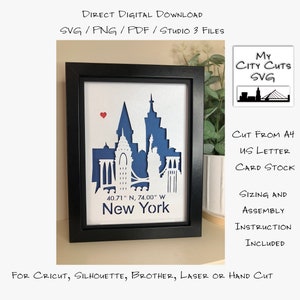 Scatola di ombre in carta tagliata 3D Lightbox SVG PNG Skyline di New York City Silhouette Cricut File di taglio a mano con laser a strati