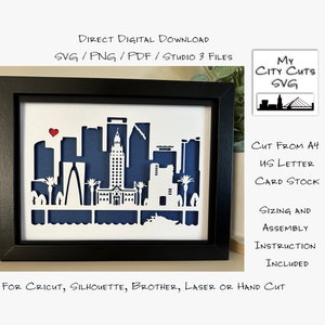 Papierschnitt Schatten Box 3D Lightbox SVG PNG Miami Florida City Skyline Cricut Silhouette Handschnitt Laser Karte geschnitten