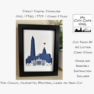 Caixa de sombra cortada em papel 3D Lightbox SVG PNG Washington D.C. Skyline da cidade Cricut Silhueta cortada à mão Laser Layered Card Cut Arquivos