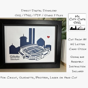 May include: A digital download of a paper cut design of the Gillette Stadium in Foxborough, Massachusetts. The design is in blue and white and includes the words "Gillette Stadium". The design is for use with Cricut, Silhouette, Brother, laser or hand cutting machines. The design is cut from A4 US letter card stock.