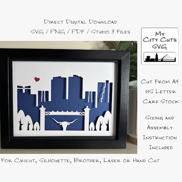 Fort Worth Texas City Skyline Shadow Box SVG Cut Files For Cricut, Silhouette, Brother, Laser or Hand Cut, Instant Download.