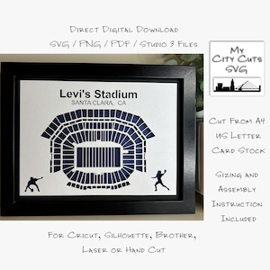 May include: A black framed image of Levi's Stadium in Santa Clara, California. The stadium is outlined in white and the interior is filled in with a dark blue color. The image is for Cricut, Silhouette, Brother, Laser or Hand Cut.