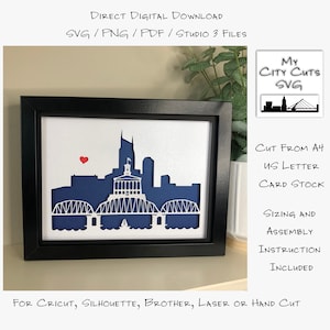 Paper Cut Shadow Box 3D Lightbox SVG PNG Nashville City skyline Cricut silhouet handgesneden laser gelaagde kaart gesneden bestanden