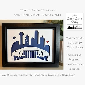 Paper Cut Shadow Box 3D Lightbox SVG PNG Dallas AT&T Stadium Texas City Skyline Cricut Silhouette Tagliato a mano Laser Layered Card Cut Files