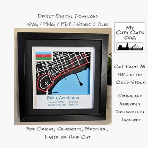 Puede incluir: Obra de arte enmarcada con un mapa de Bakú, Azerbaiyán, con un borde rojo y agua azul. La bandera azerbaiyana está en la parte superior. El texto incluye "Baku, Azerbaijan", "Abierto: 2016" y "Longitud: 6.003 km".