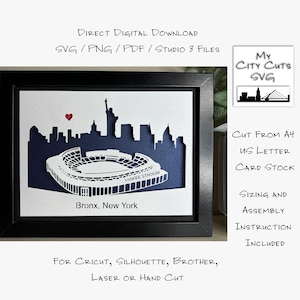 Scatola di ombre tagliate in carta 3D Lightbox SVG PNG Stadio di baseball Yankee Stadio di baseball Bronx New York Cricut Silhouette Taglio a mano Laser