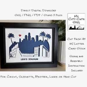 May include: A digital download of a paper cut design of the Los Angeles skyline, including Levi's Stadium, with a red heart above the city. The design is for use with Cricut, Silhouette, Brother, laser or hand cutting machines. The design is cut from A4 US letter card stock.