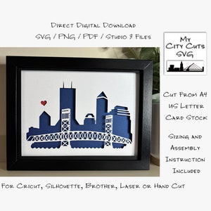 Papierschnitt Schatten Box 3D Lightbox SVG PNG Jacksonville Florida City Skyline Cricut Silhouette Handschnitt Laser Karte geschnitten
