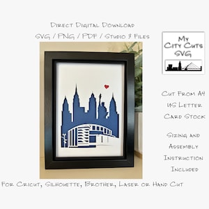 Scatola di ombre in carta tagliata 3D Lightbox SVG PNG New York Madison Square Garden Skyline Cricut Silhouette Tagliata a mano Laser File di taglio a strati