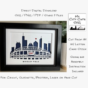 Caixa de sombra de corte de papel 3D Lightbox SVG PNG Estádio de beisebol Wrigley Field Chicago Cricut Silhueta Corte à mão Laser Camadas Arquivos de corte de cartão