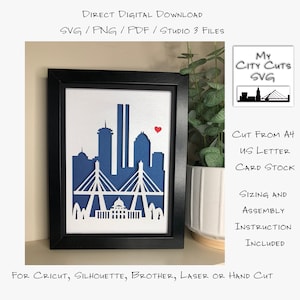Caja de sombras recortada en papel, caja de luz 3D, SVG, PNG, horizonte de la ciudad de Boston, silueta de Cricut, archivos de corte de tarjeta en capas con láser cortados a mano