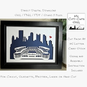 May include: A blue and white paper cut-out of the Pittsburgh skyline with Heinz Field and the words "Steelers" in the foreground. The skyline is framed in black and there is a red heart above the stadium. The image includes the text "My City Cuts SVG" and "Cut from A4 US Letter Card Stock".