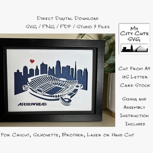 Caixa de sombra cortada em papel 3D Lightbox SVG PNG Arrowhead Stadium Kansas Cricut Silhouette Corte à mão Laser Layered Card Cut Arquivos