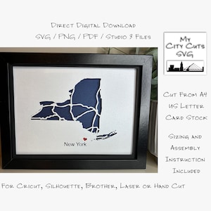 Papier découpé Shadow Box 3D Lightbox SVG PNG État de New York carte Cricut Silhouette découpé au laser en couches carte coupe fichiers à la main