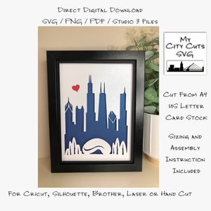 Paper Cut Shadow Box 3D Lightbox SVG PNG Chicago City Skyline Cricut silhouet handgesneden lasergelaagde kaart gesneden bestanden